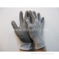13G Black/White Hppe and Spandex Knitted Grey PU Palm Coated Anti-Cut Work Gloves Dcr120